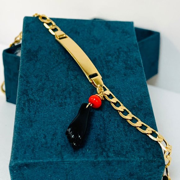 Gold Filled Baby Children ID Bracelet/Good Luck & Proteccion Azabache Bracelet. - Picture 2 of 8